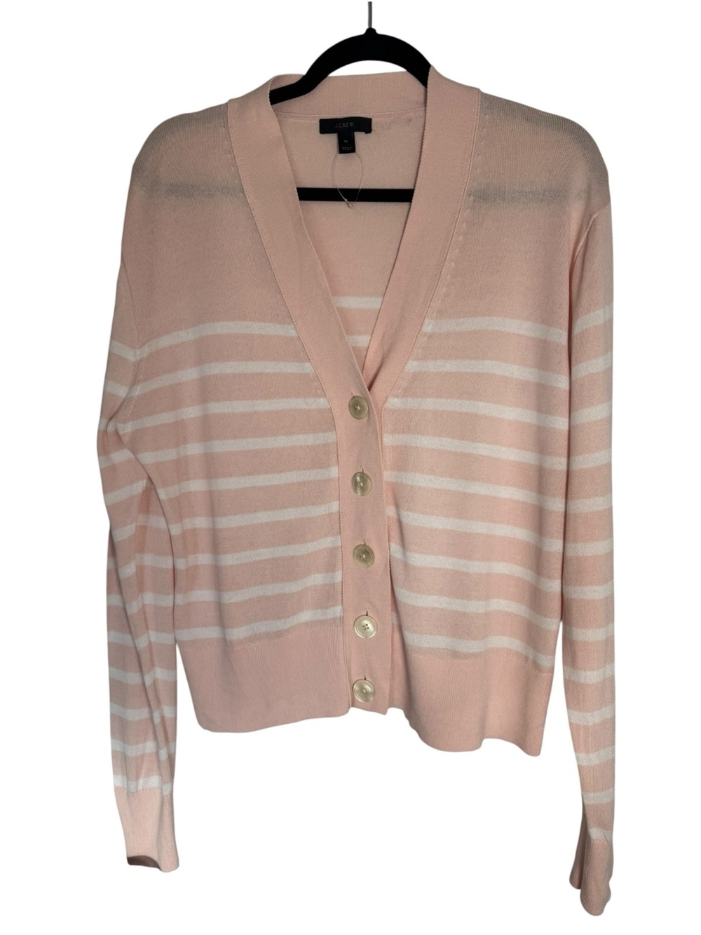 J. Crew Pale Pink and White Striped V-Neck Button Cotton XL Cardigan